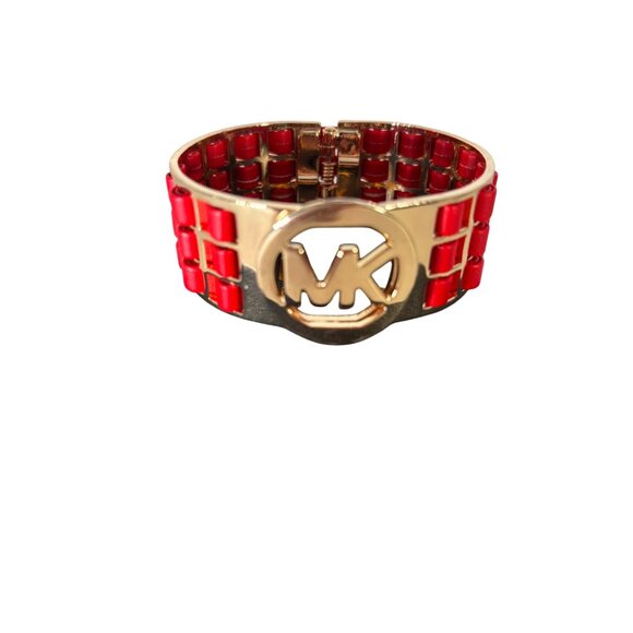 Vintage, MICHAEL KORS, Logo Clamper Bracelet, Red Leatherette, Gold Tone - Picture 3 of 7